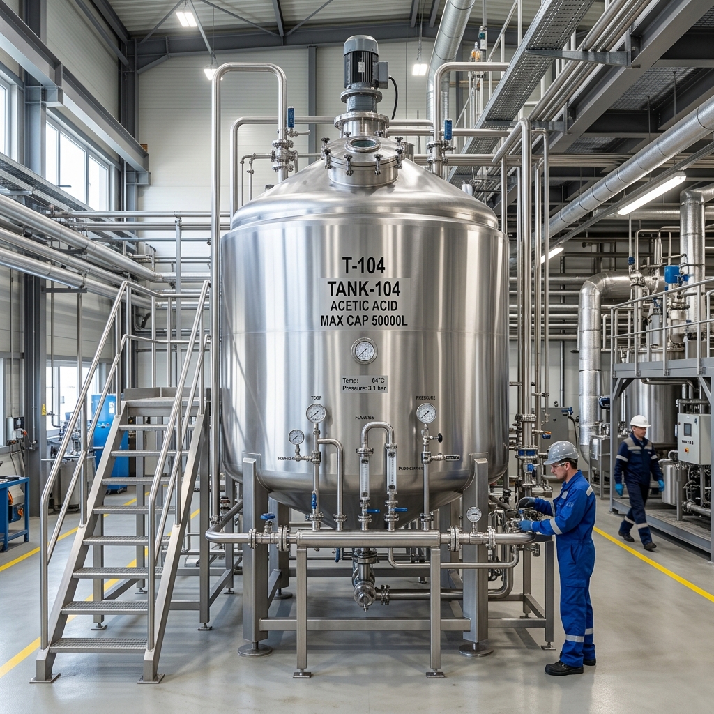 Stainless steel chemical processing tank in a high-tech clean factory environment
