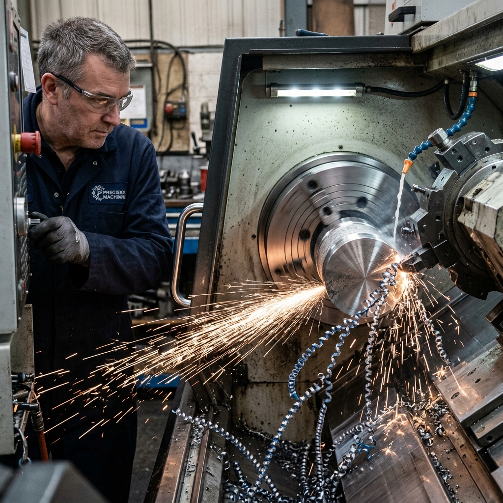 A machinist turning a stainless steel cylinder on a CNC lathe with sparks flying