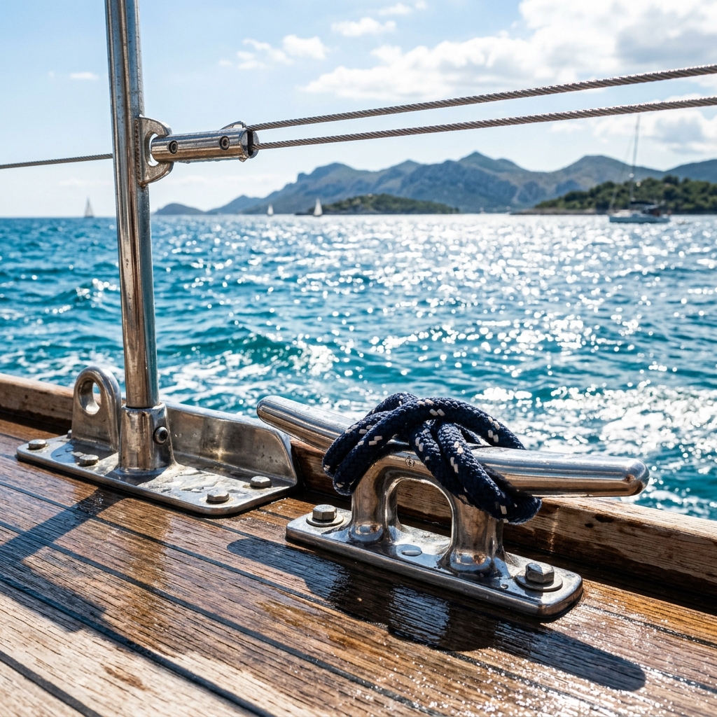 Marine grade stainless steel cleat installed on a wooden yacht deck in saltwater
