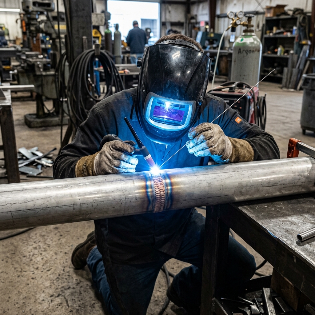 A welder joining stainless steel pipes with clean weld beads and arc light