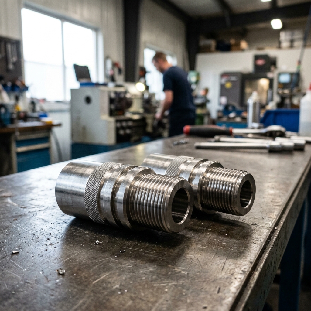 Two high-precision stainless steel cylinders on a workshop workbench