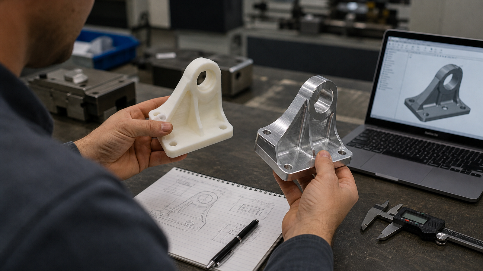 Engineer comparing a 3D printed prototype with a CNC machined version