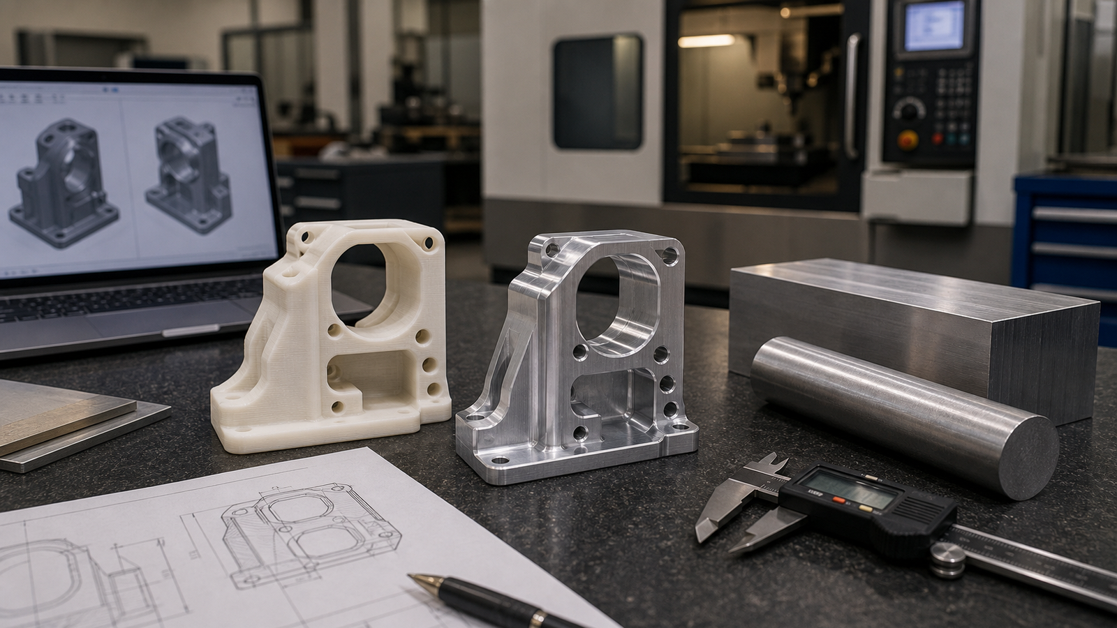 3D printed and CNC machined prototypes compared on an engineering workbench