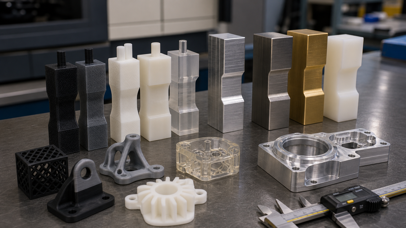 Prototype material samples for 3D printing and CNC machining on a workbench