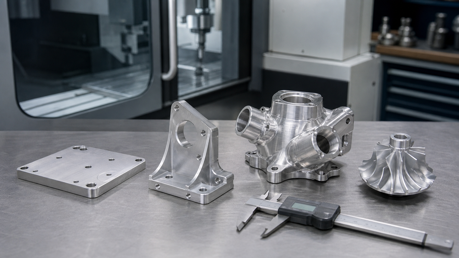 Simple and complex machined parts arranged to compare 3-axis and 5-axis needs