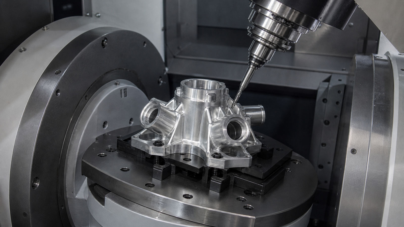 5-axis CNC fixture holding a complex part with open tool clearance