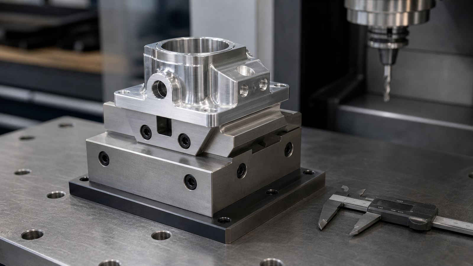 Dovetail fixture holding an aluminum workpiece for 5-axis machining