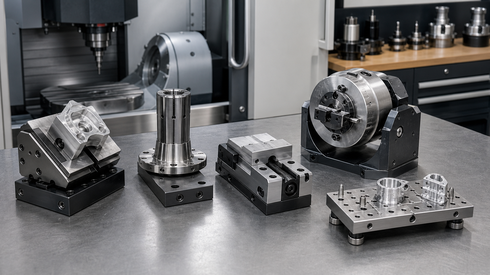 5-axis CNC workholding methods arranged on a manufacturing bench