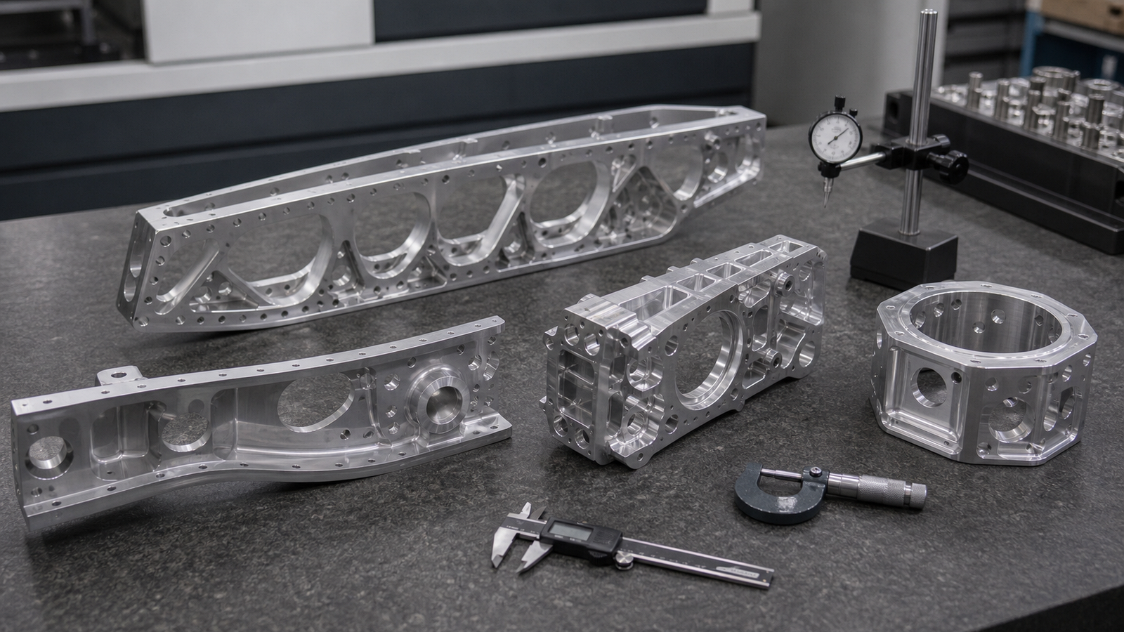 7075 aluminum aerospace structural fittings inspected on a CNC shop bench