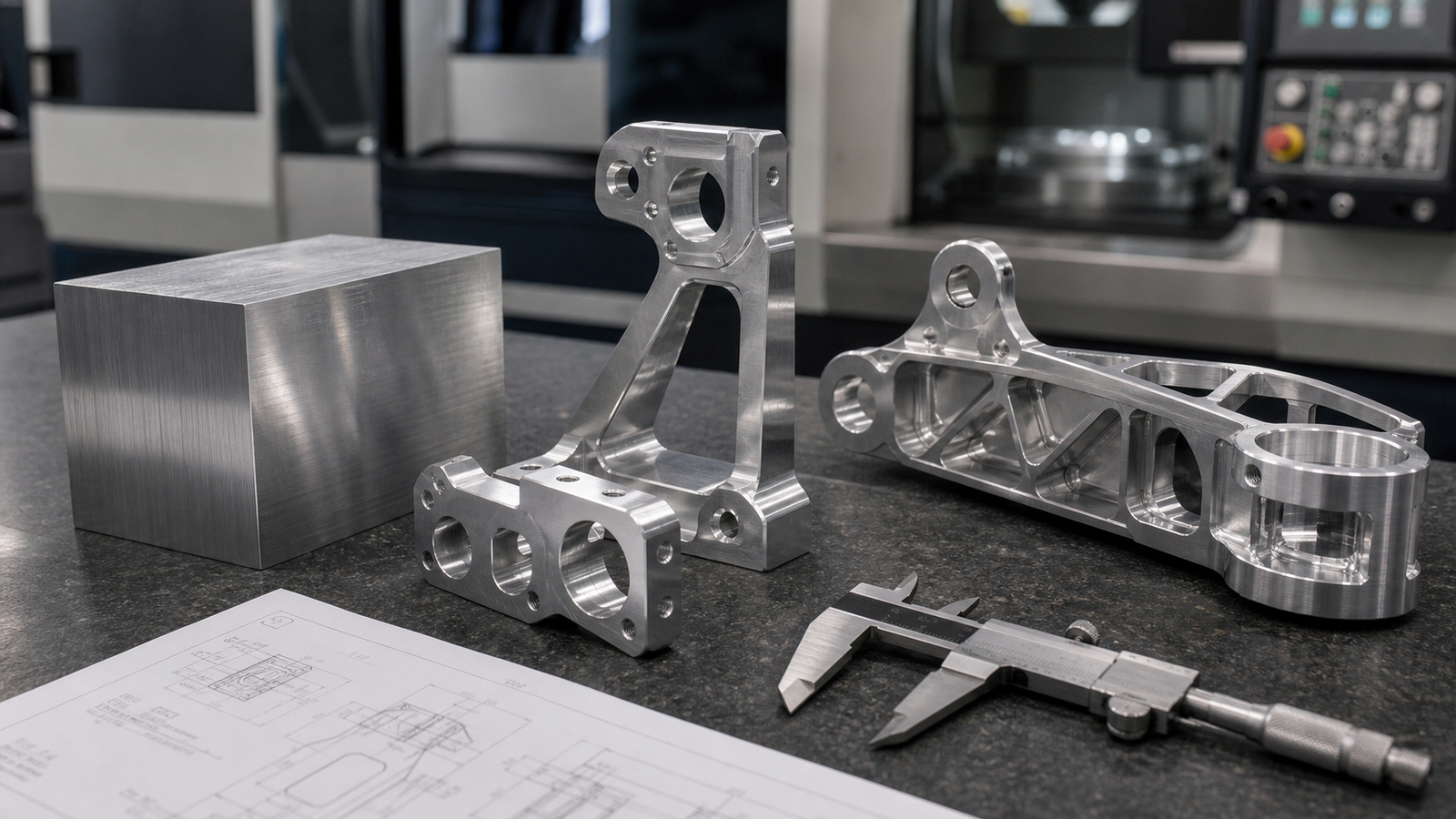 7075 aluminum aerospace parts and raw billet on a CNC inspection bench