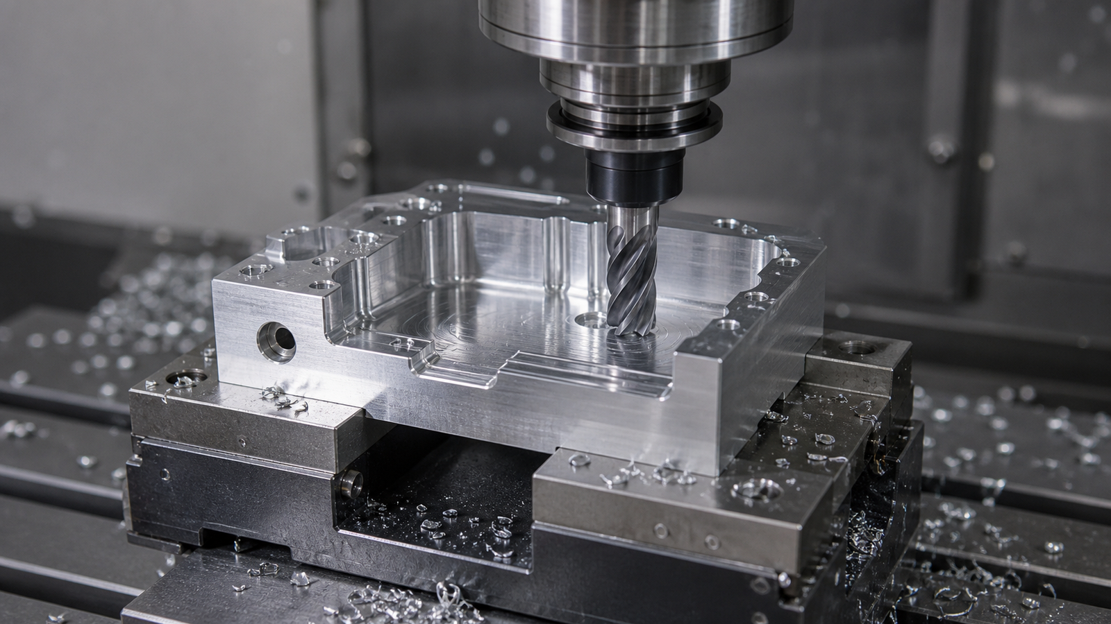 CNC mill cutting a 7075 aluminum bracket with clean chips and coolant