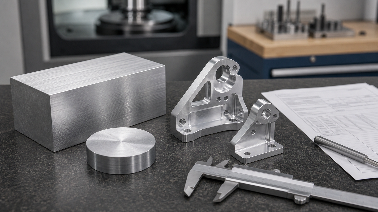 Raw 7075 aluminum billet and machined aerospace parts on an engineering bench