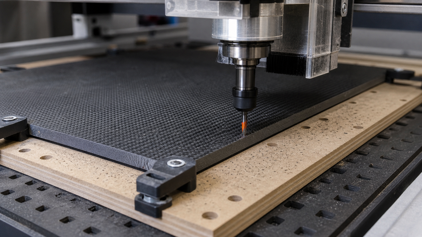 Composite sheet supported with sacrificial backing during CNC cutting to prevent delamination