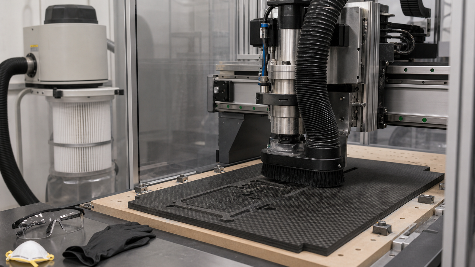 Enclosed CNC composite machining setup with spindle dust extraction and HEPA collection