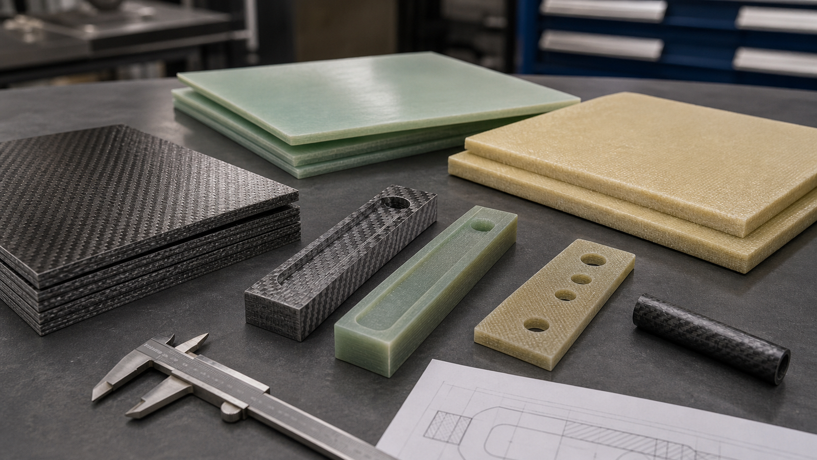 Carbon fiber G10 and fiberglass laminate samples prepared for CNC machining