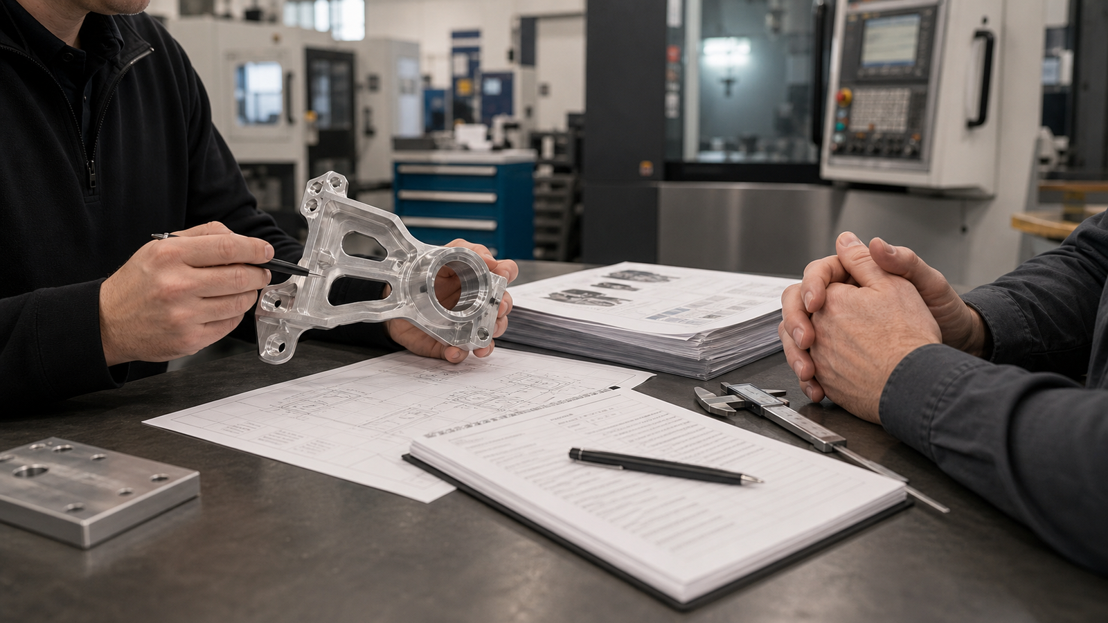 Buyer and engineer reviewing aerospace CNC part drawings inspection and supplier questions
