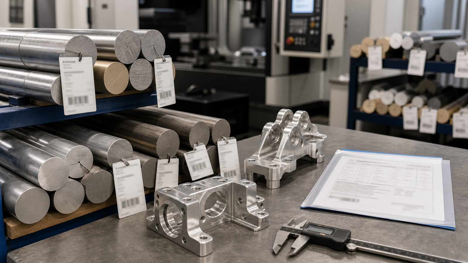 Traceable aerospace material stock and machined parts with blurred certification paperwork