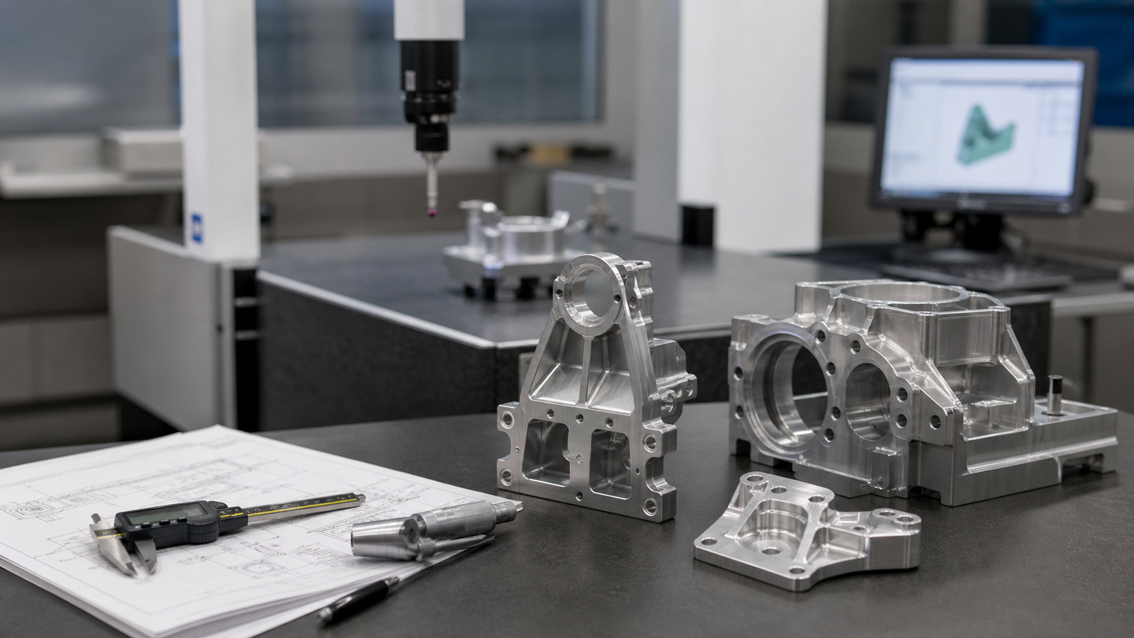Flight critical aerospace machined parts at a CNC quality inspection bench