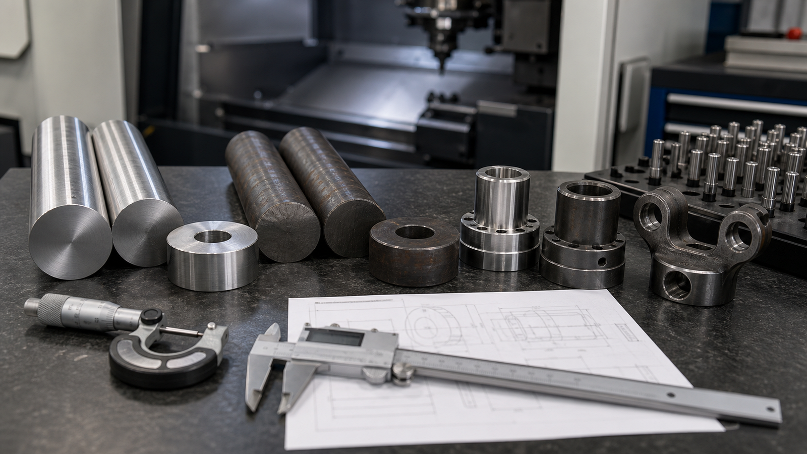 Alloy steel and carbon steel CNC samples with inspection tools