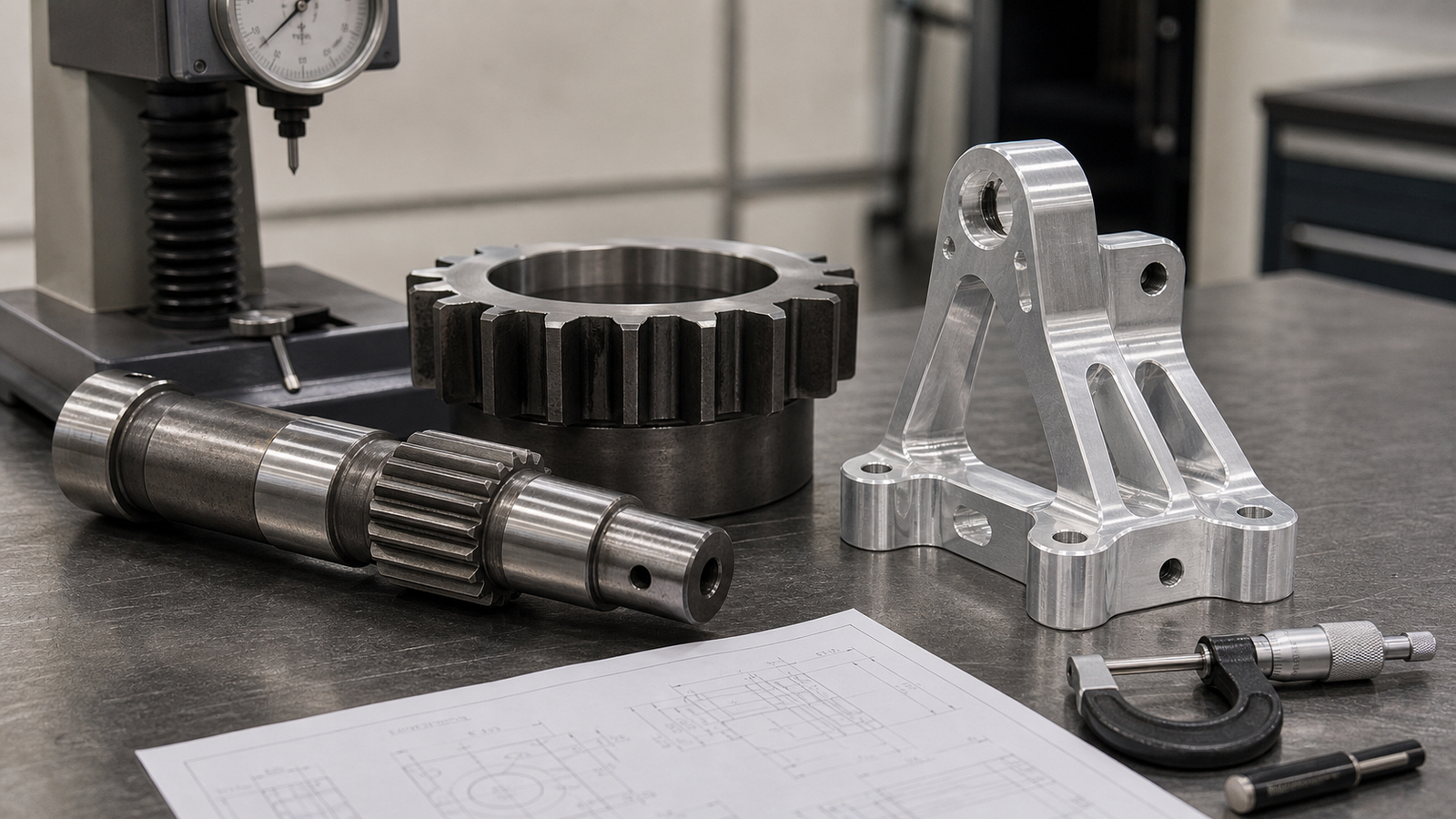 Steel and aluminum machined parts compared for strength on an inspection bench