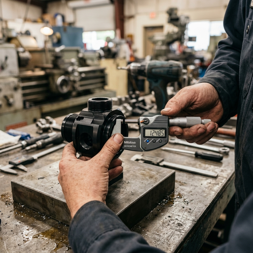 A machinist checking a black anodized part with a digital micrometer