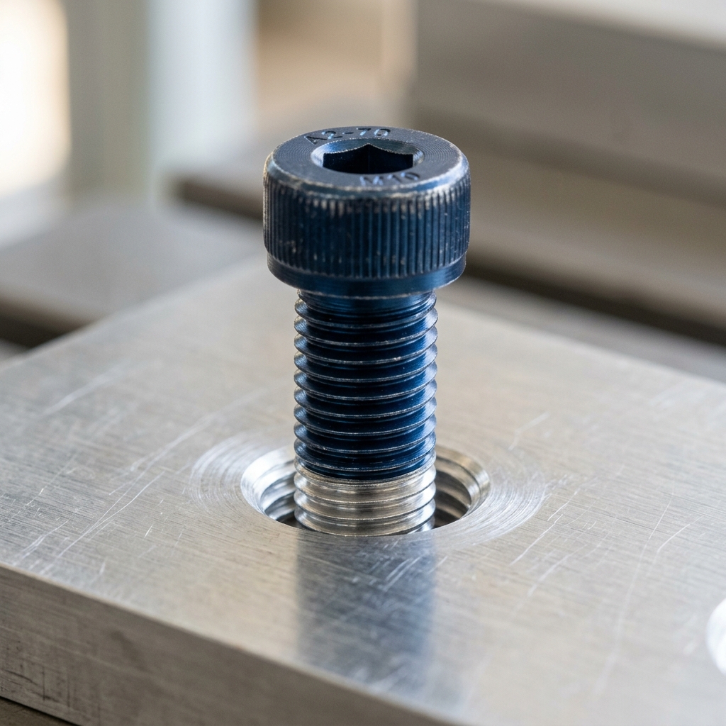 Anodized aluminum threaded bolt showing a perfect fit in a clean tapped hole