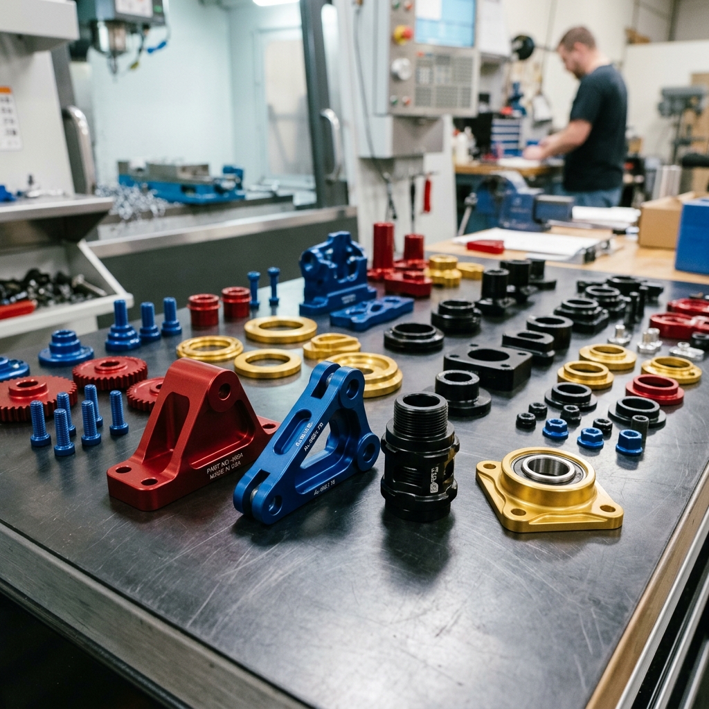 A table of colored anodized parts displaying Type II finish options