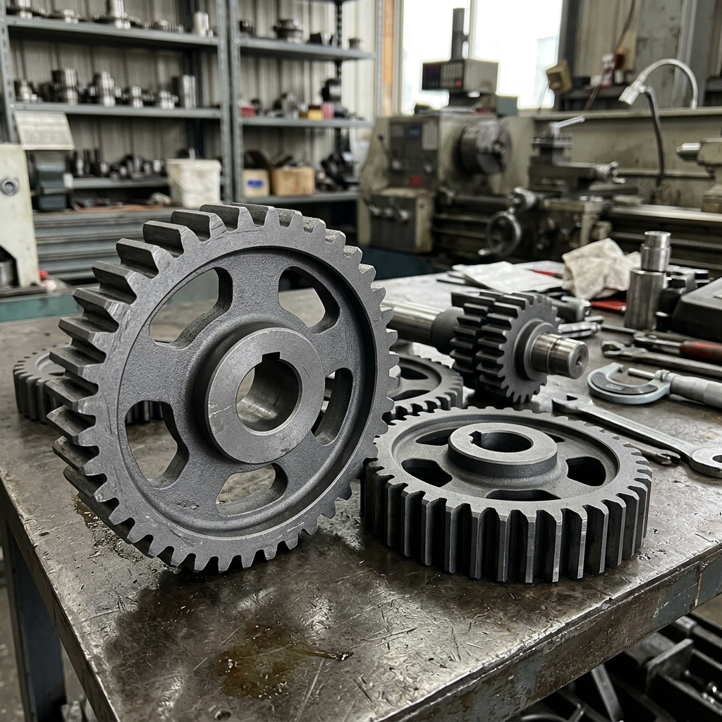 Heavy industrial gears displaying thick matte grey Hard Coat Type III anodizing