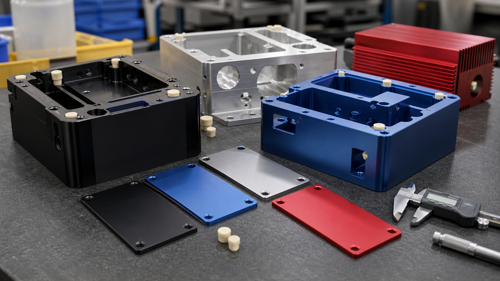 Type II sulfuric acid anodized machined aluminum enclosures, plates, and practical color sample coupons on a finishing inspection bench