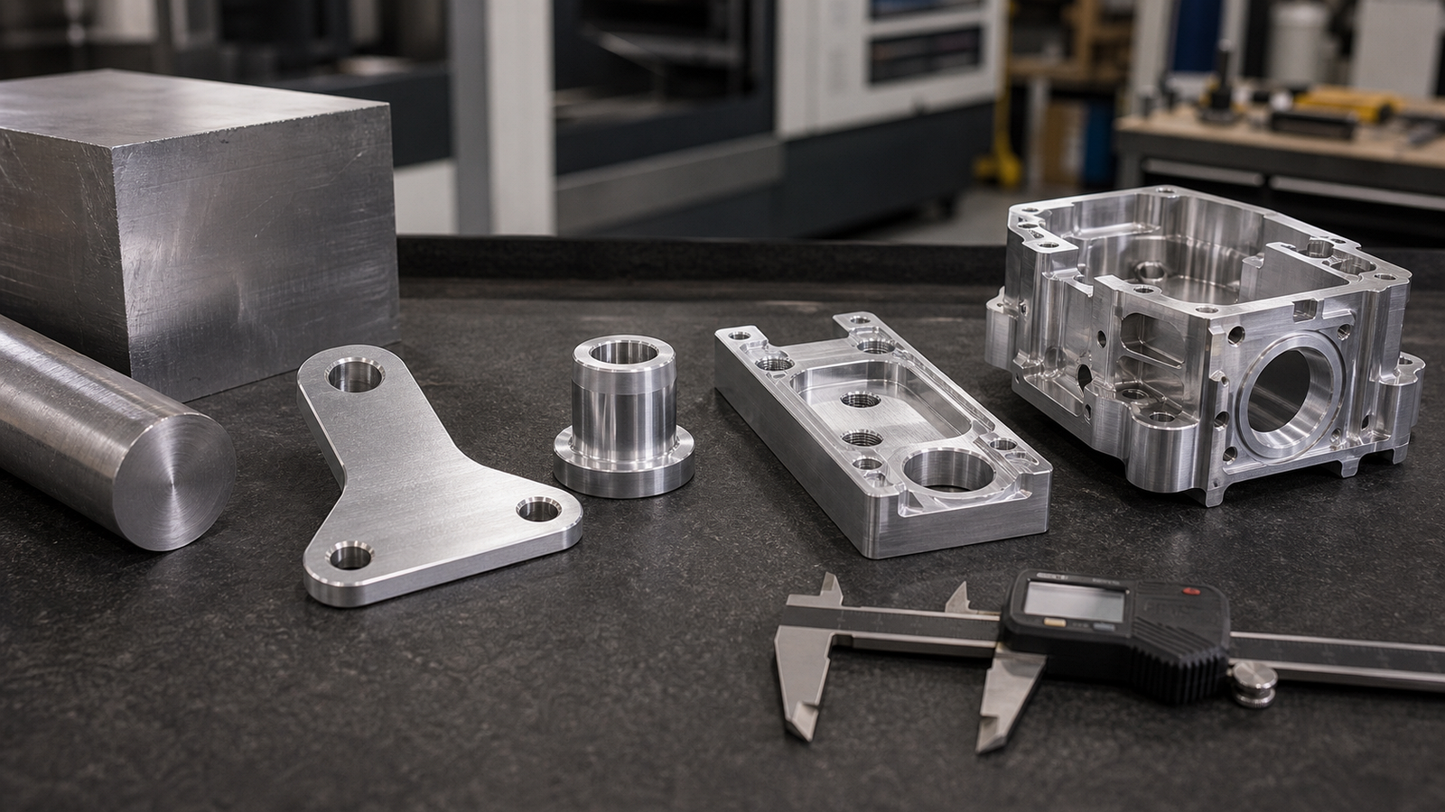 CNC machined parts of increasing complexity including simple bracket, turned bushing, pocketed plate, and complex housing on a shop bench