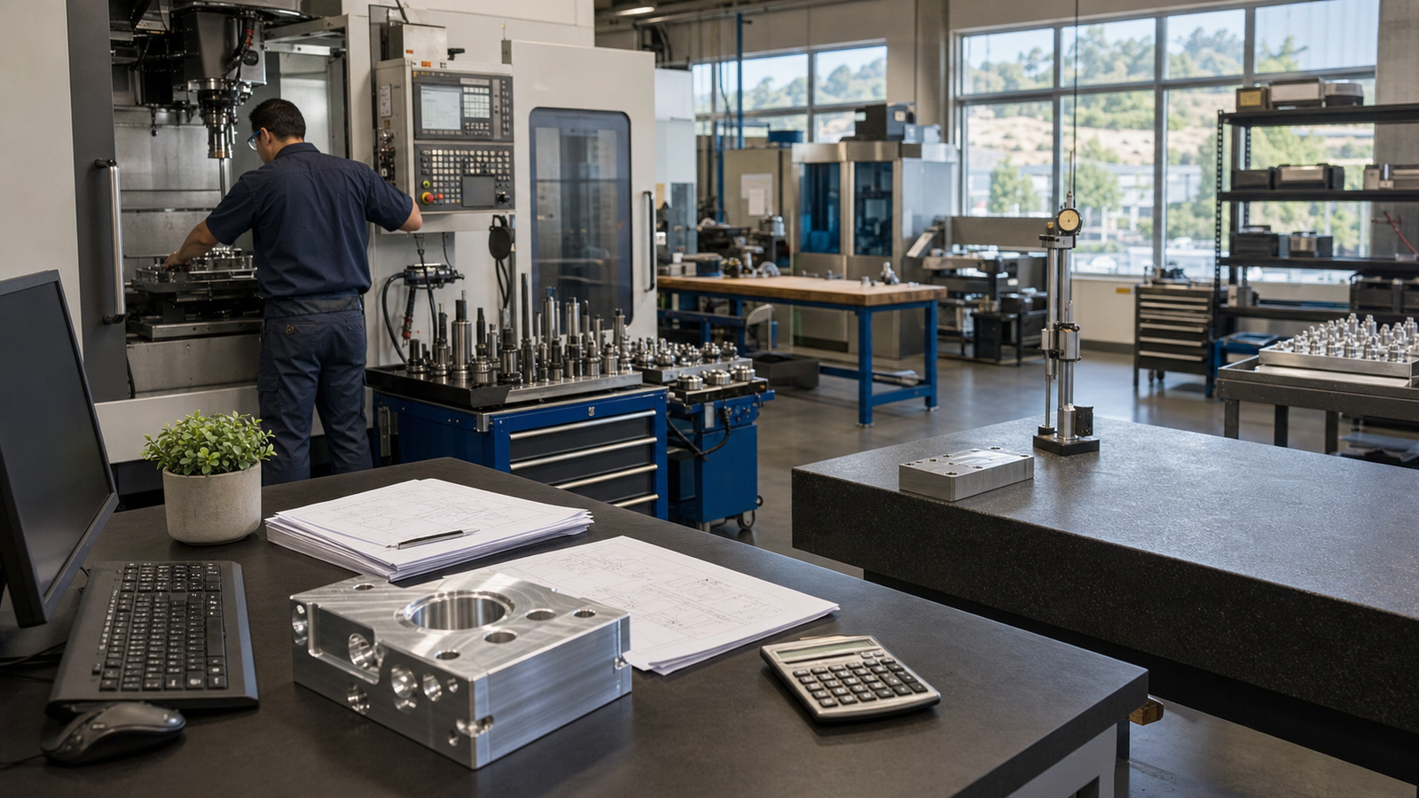 CNC shop office and production floor showing labor, tooling, inspection, equipment, and facility overhead behind local pricing