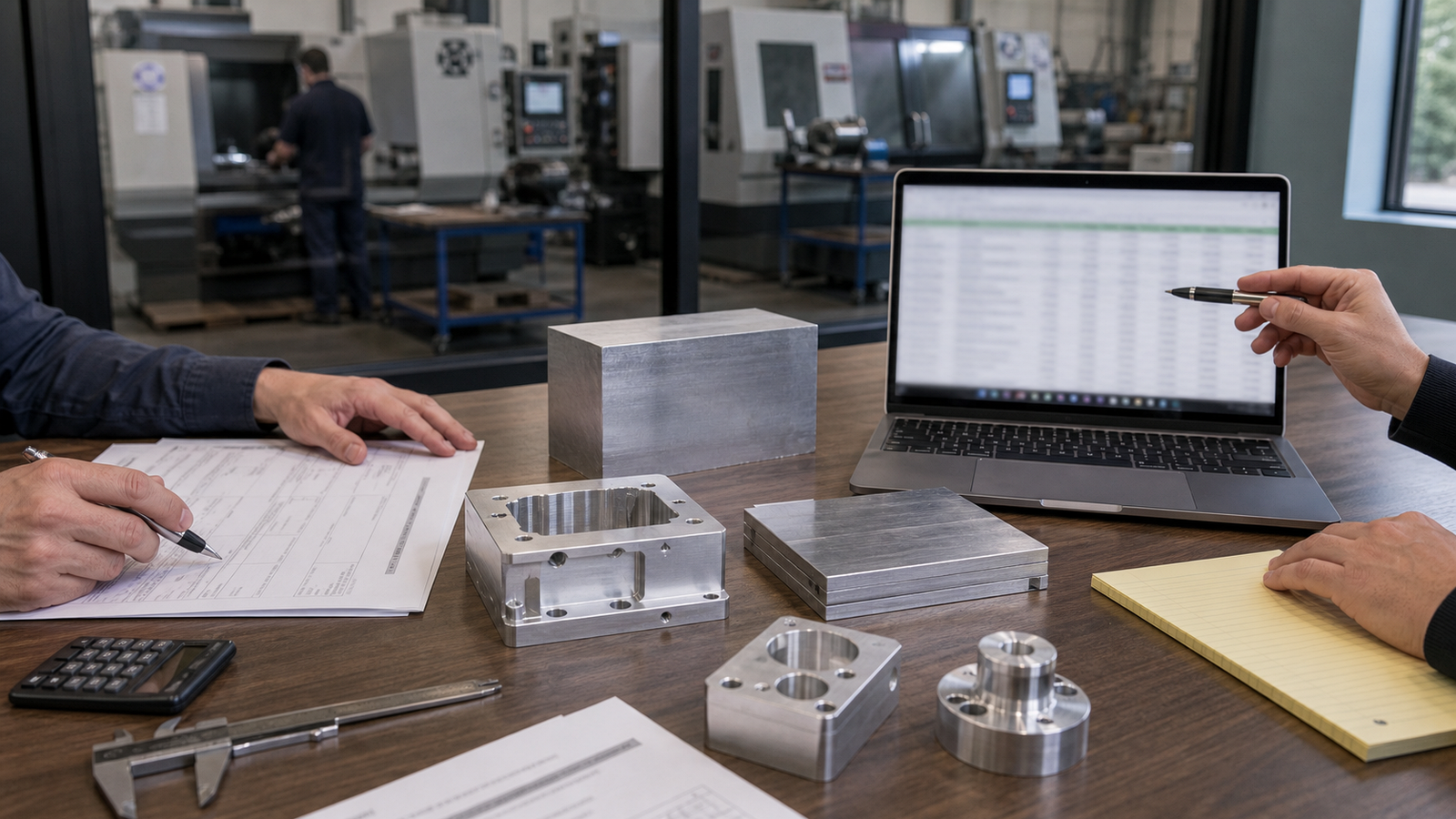 CNC quote review table with machined aluminum parts, raw stock, calipers, and blurred hourly rate spreadsheet in a shop office