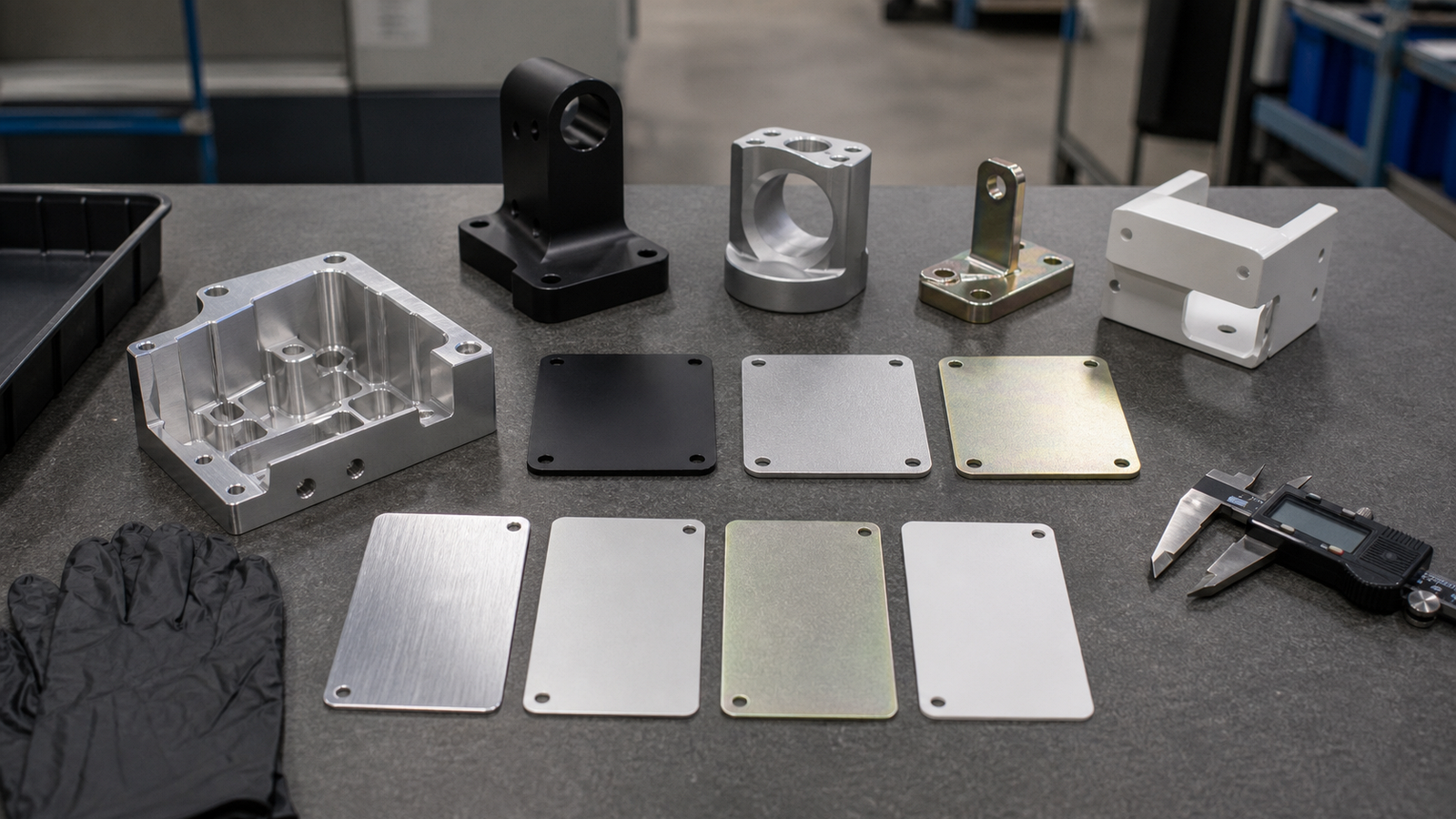 Machined aluminum parts and finish sample coupons for anodizing, bead blasting, plating, passivation, and powder coating on an inspection bench
