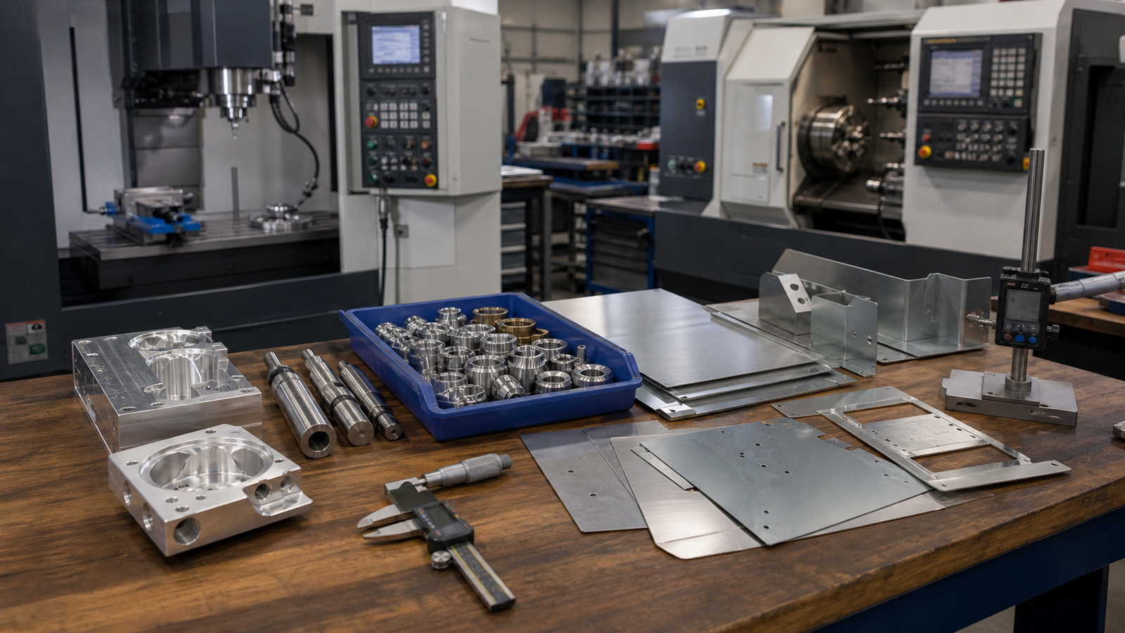 Manufacturing shop capabilities represented by CNC mill area, lathe parts tray, sheet-metal blanks, and inspection tools on an organized bench