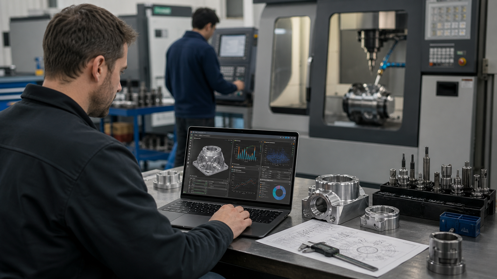 Engineer reviewing AI-assisted CNC manufacturing workflow beside machined parts