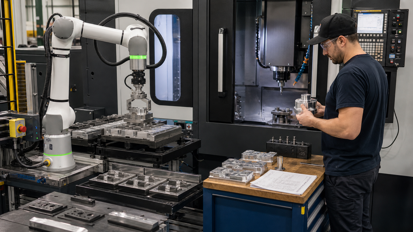 CNC automation cell with robot loader and machinist checking parts