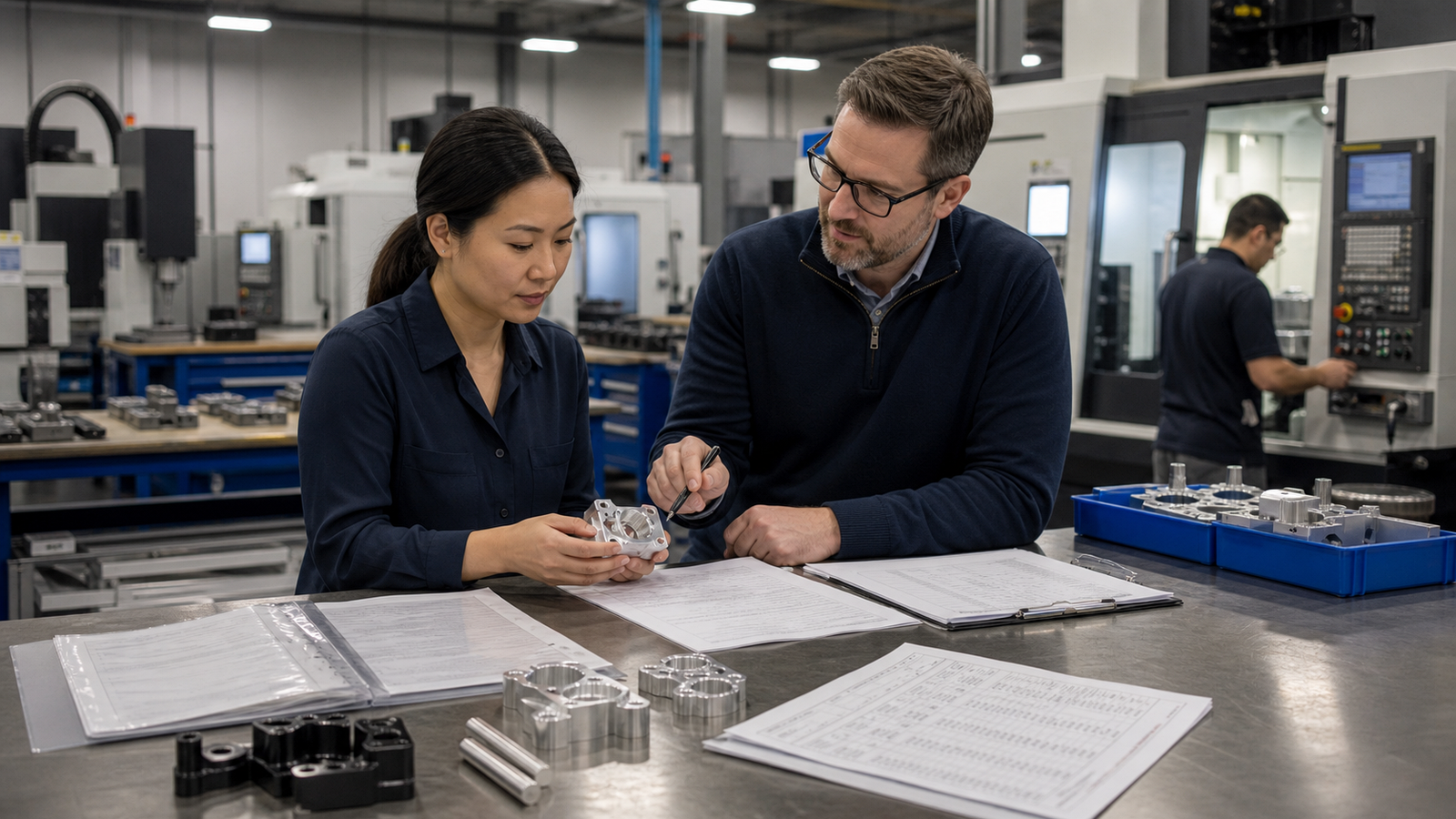Buyer and engineer reviewing locally made CNC parts for reshoring