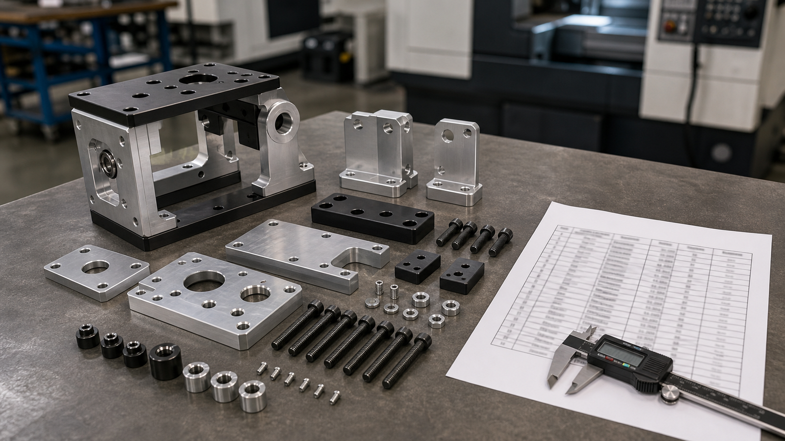 CNC assembly components laid out with a blurred bill of materials