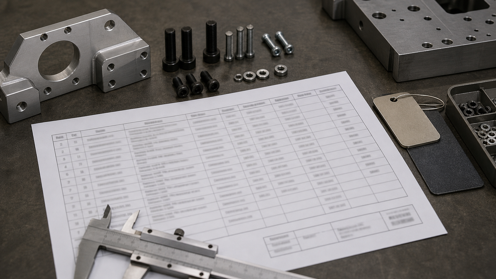 BOM line item structure with machined parts fasteners and finish samples