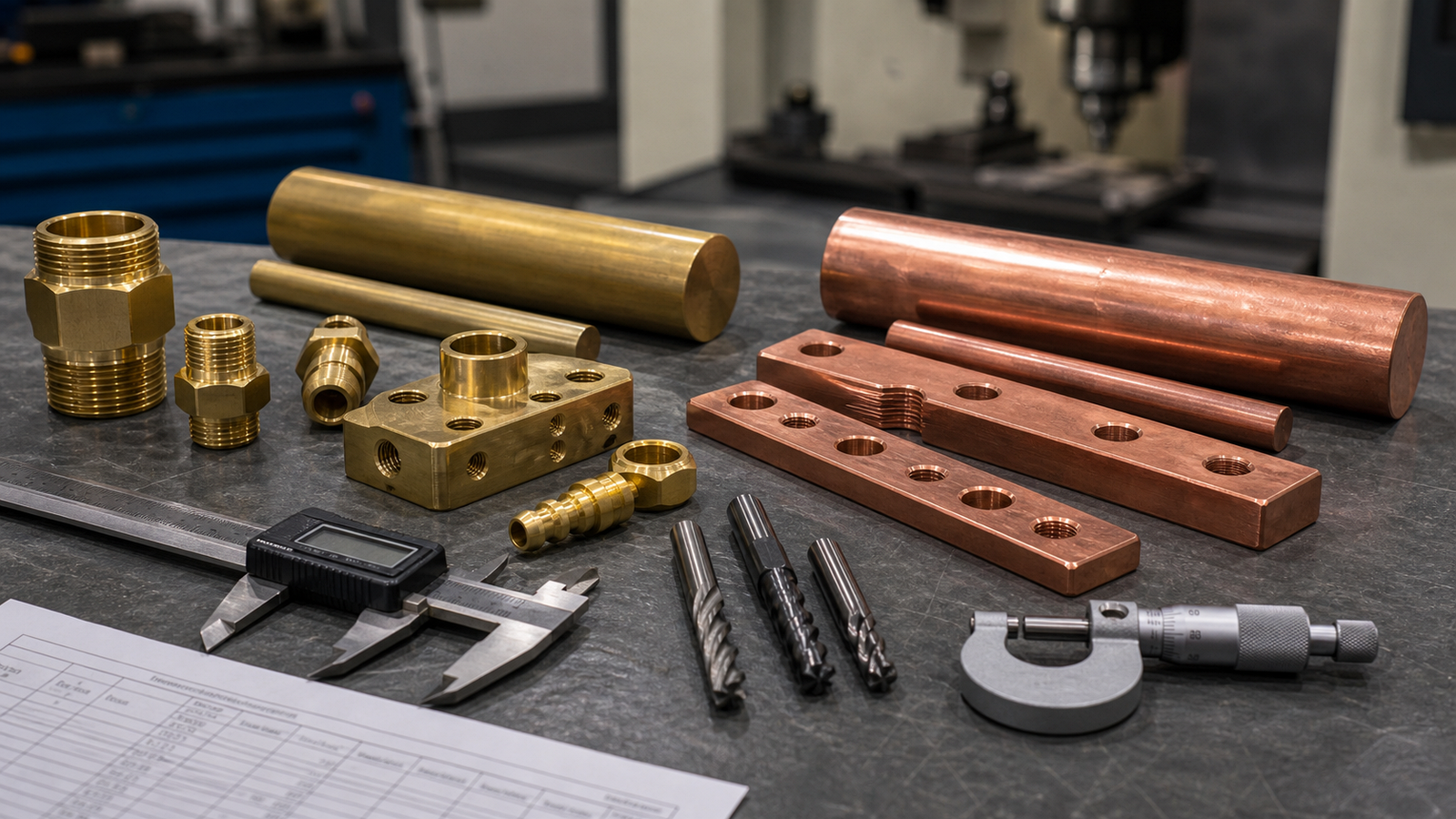 Brass fittings and copper electrical parts compared on a CNC inspection bench
