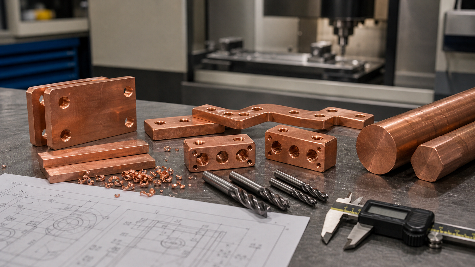Machined copper bus bars and connector blocks with cutting tools