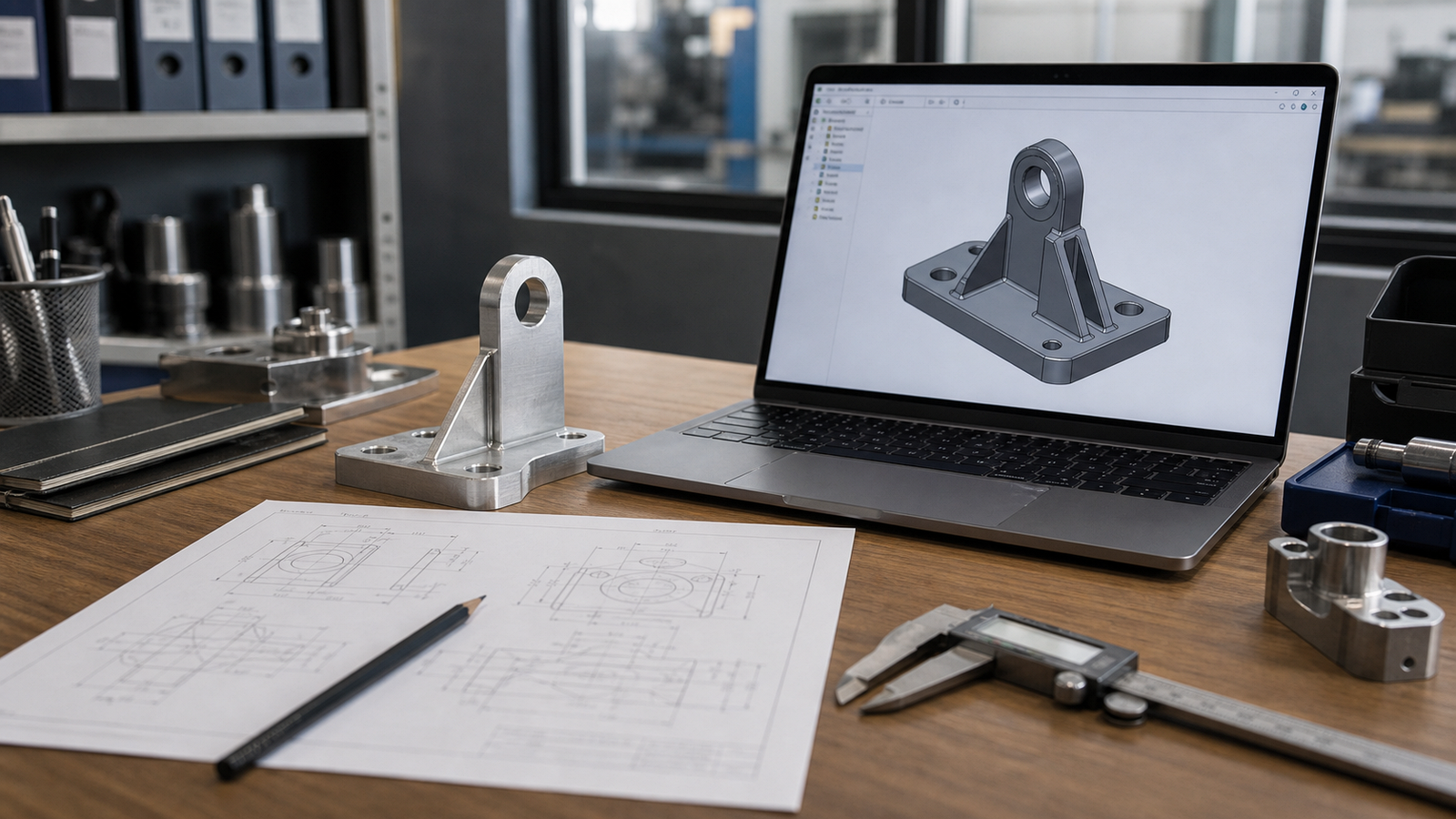 CAD design workstation with 3D part model drawing calipers and machined sample