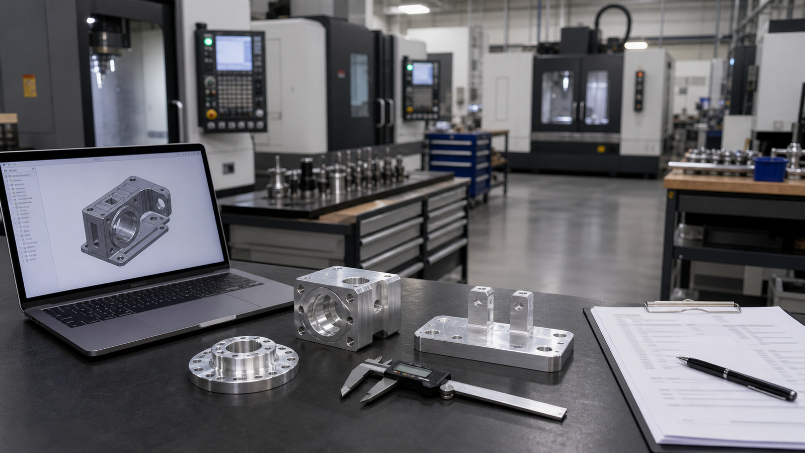 CNC shop evaluation bench with prototype parts calipers CAD model and machines in the background