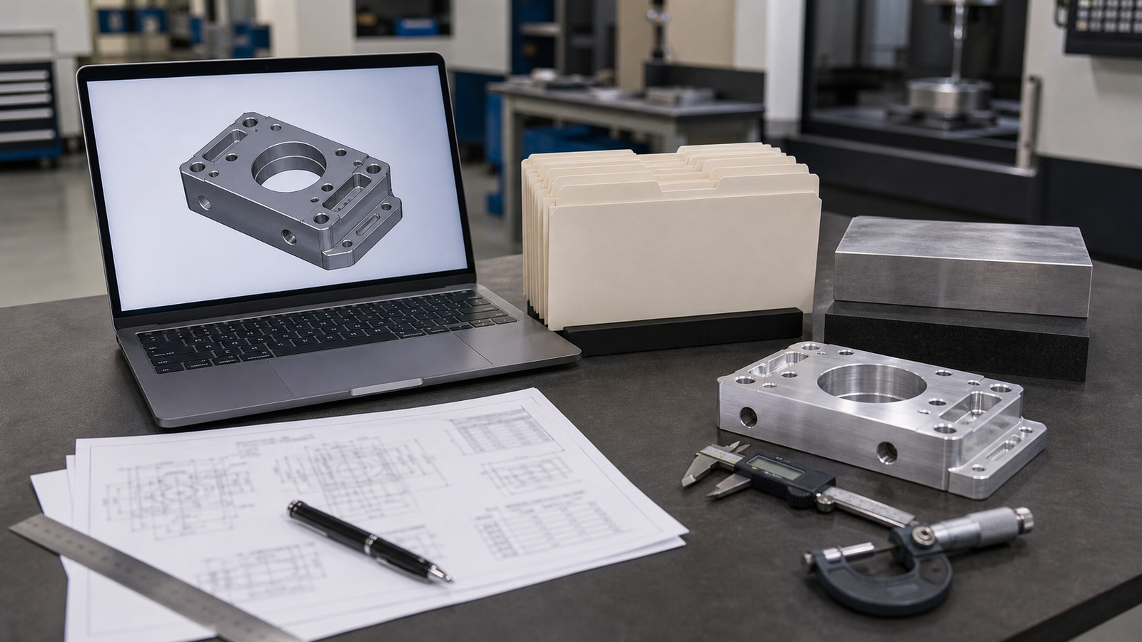 Startup CNC RFQ package with CAD model drawing material samples calipers and prototype part