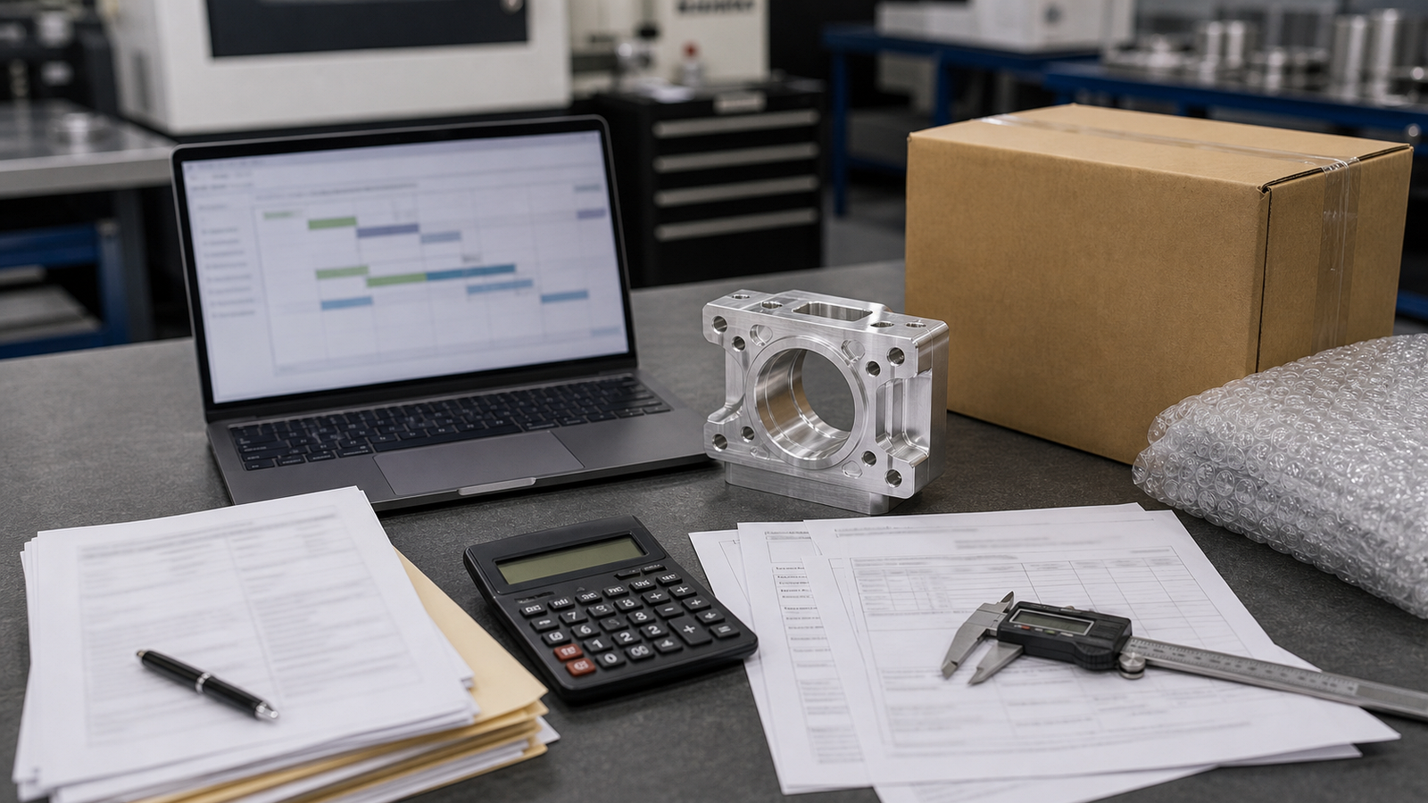 Offshore CNC hidden cost planning desk with machined part packaging documents and logistics worksheet