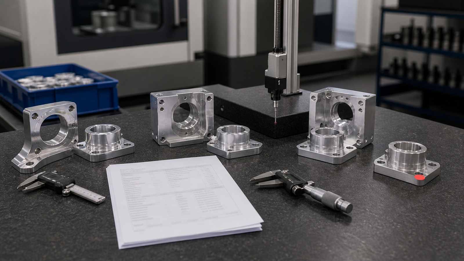 CNC quality inspection bench with machined parts CMM probe calipers and blurred inspection report