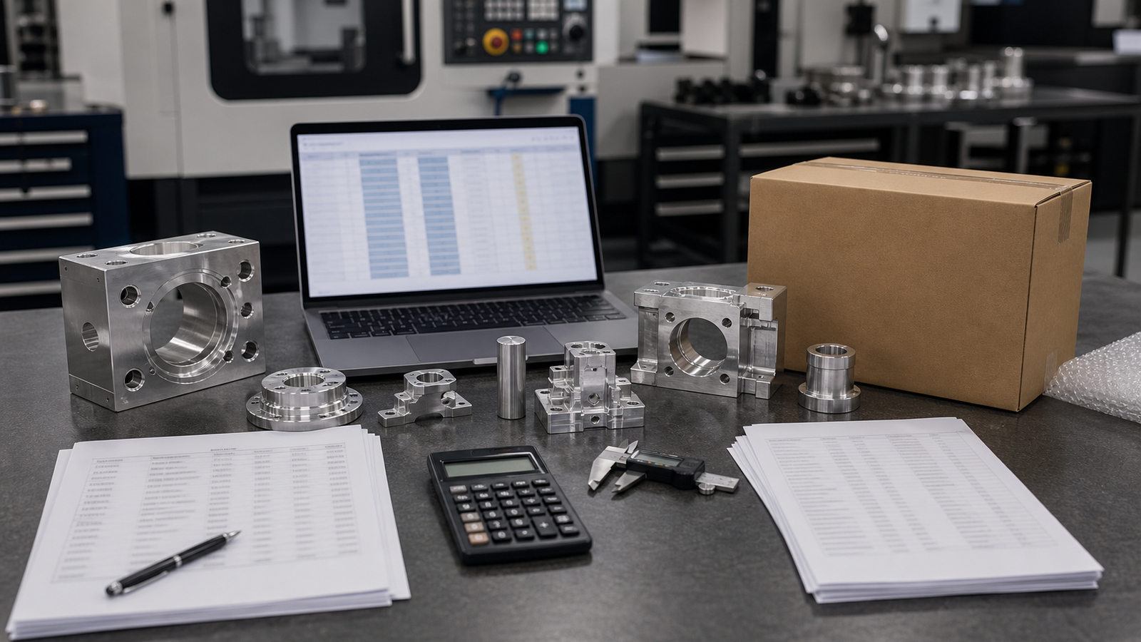 CNC landed cost comparison desk with machined parts calculator quote packets and shipping box