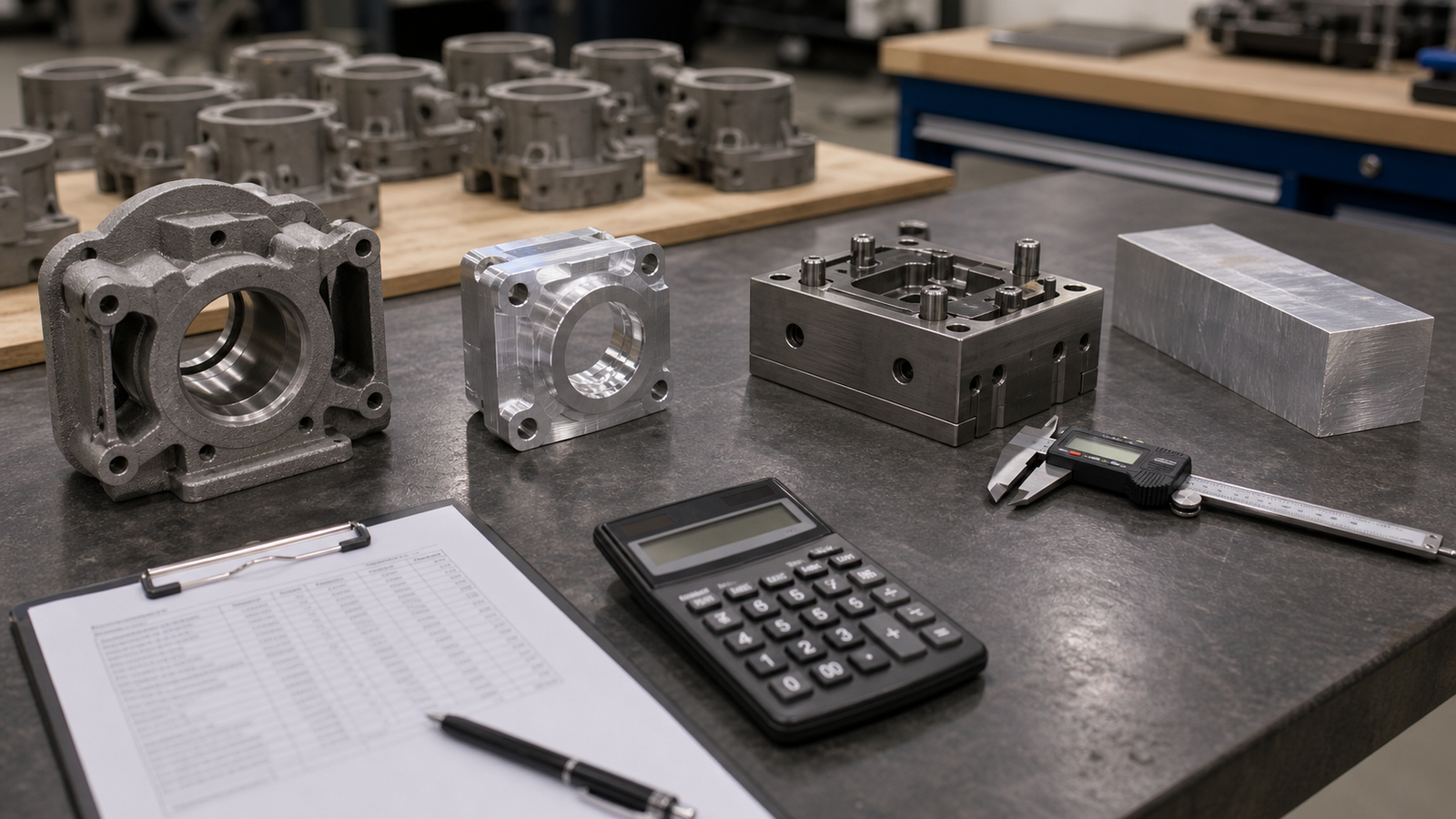 Casting and CNC break even planning bench with cast parts mold insert raw billet calculator and worksheet