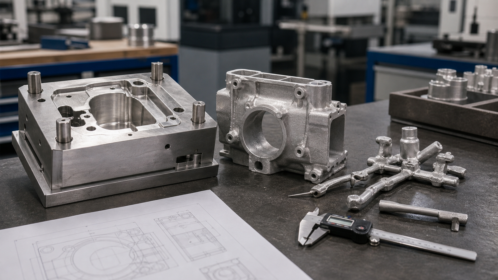 Casting process bench with mold insert rough cast aluminum housing and inspection tools