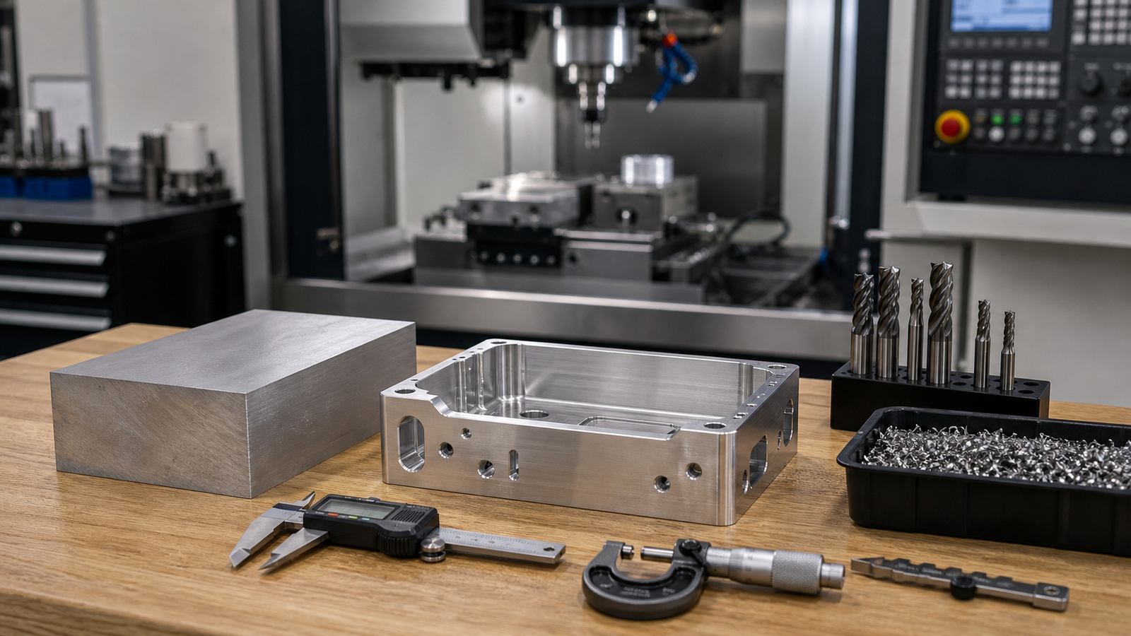 CNC machining process bench with raw billet finished machined housing end mills and calipers